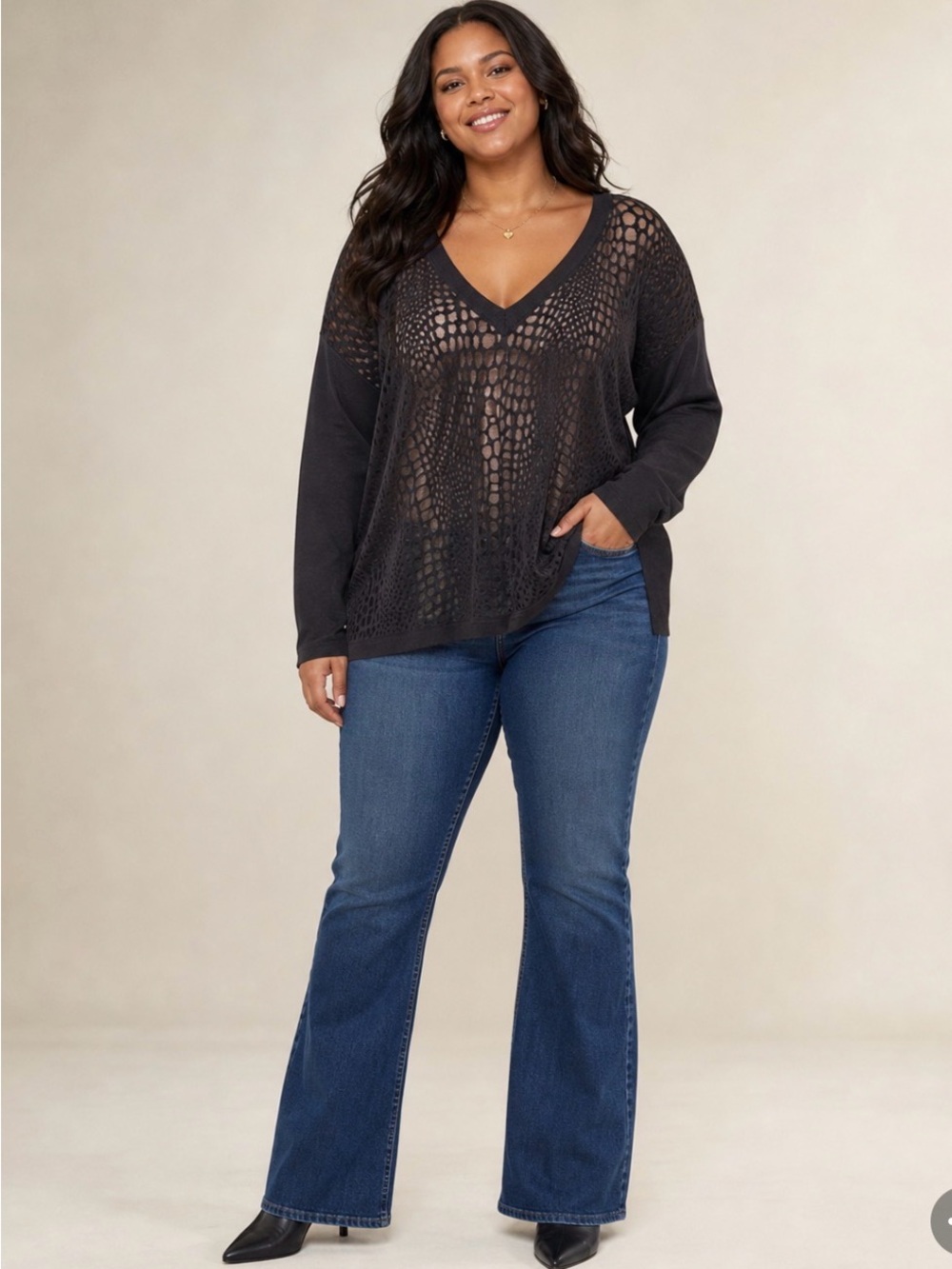 Max Studio Black V-Neck Sheer Crochet Top